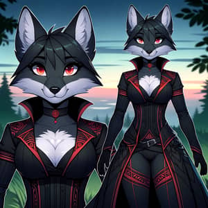 Female Black Fox Character in Striking Black and Red Outfit