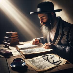 Hasidic Rabbi Studying from Sefer Book | Traditionally-Clad Rabbi in Deep Study