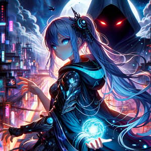 Anime-Inspired Digital Illustration: Young Girl Casting Energy Spell in Futuristic Armor