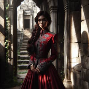 South Asian Brunette Girl in Red Uniform at Ancient Stone Castle