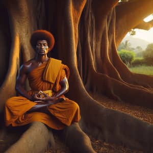Tranquil Afro-Latin Monk Meditating Under Old Tree