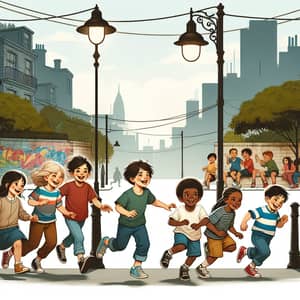 Diverse Kids Playing in Urban Street Scene | Joyful Illustration
