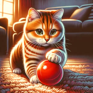 Playful Female Orange Striped Cat with Red Ball