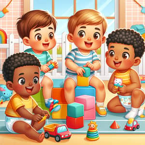 Playful Kindergarteners in Colorful Cartoon Diapers