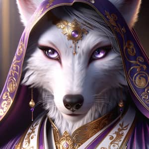 Female White Wolf Character with Silver Eyes in Purple and Gold Outfit