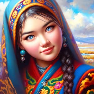 Vibrant Acrylic Painting of Young Kazakh Girl in Traditional Attire