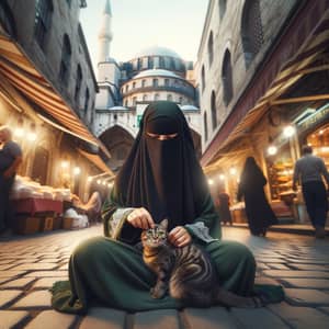 Muslim Woman in Green Niqab Petting Cat in Istanbul