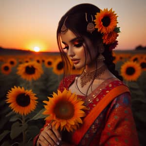 Sunflower Field Portrait: South Asian Girl in Traditional Attire