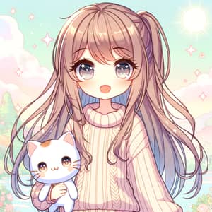 Beautiful Anime Girl Holding Cat Plushie | Cute Illustration