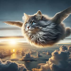Fluffy Grey Cat Soaring Through the Sky