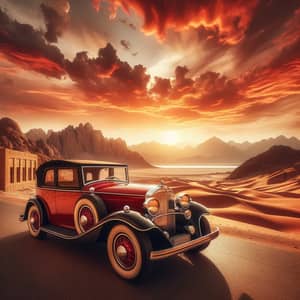 Classic Red Vintage Arabic Car in Desert Scenery