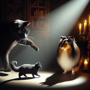 Mystifying Sorcery Scene with Black Feline and Curious Sheepdog