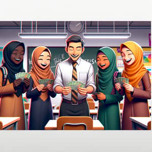 Diverse Hijab Students Receive Raya Money - Modern School Poster