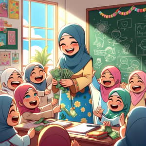 Pixar Cartoon Hijab Students Receiving Raya Money | Festive Classroom Scene