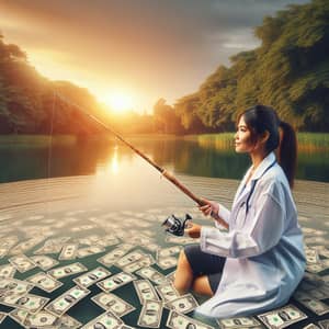Female Doctor Fishing in Scenic Lake of Money
