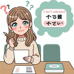 Humorous Quiz Moment: Confused Caucasian Woman in Thought Bubble (Japanese)