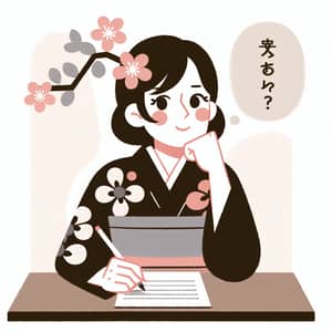 Japanese Style Illustration of Middle-Aged Woman Conducting a Quiz