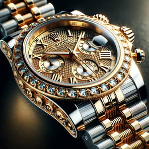 Luxury Wristwatch with Golden Bezel and Silver Bracelet Band