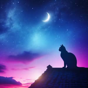 Silhouette of Cat on Roof under Purple and Blue Sky with Crescent Moon