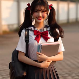 South Asian School Girl with Pigtails and School Bag