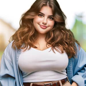 Confident Plump Girl with Wavy Brown Hair in Serene Surroundings