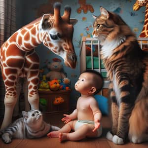 Baby with Giraffe and Cat: Heartwarming Nursery Scene