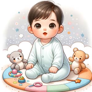 Adorable Asian Baby in Pastel-Colored Onesie Playing with Toys