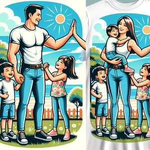 Joyful Family T-Shirt Design: Caucasian Dad and Asian Mom with Kids
