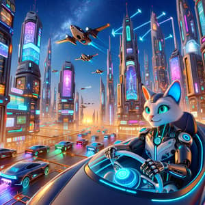 Futuristic Cityscape with Robotic Cat Flying Car