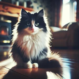 Fluffy Black and White Domestic Cat in a Cozy Living Room