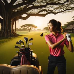 Tranquil South Asian Female Golfer in Neon Pink Polo Shirt Swinging on Lush Golf Course
