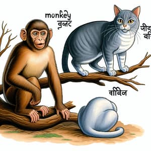 Monkey and Cat Scene: Mischievous Monkey and Regal Cat Interaction