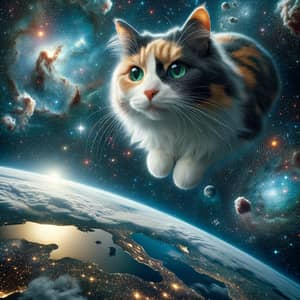 Calico Cat Floating in Space: Curious Feline Amidst Stars