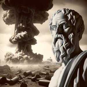 Socrates-Like Figure in Contemplation Amidst Chaotic Explosion