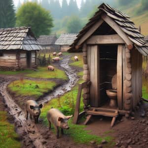 Rustic Village Scene with Playful Pigs - Charming Countryside View
