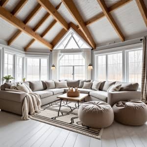 Cozy Cottagecore Living Room with High Ceiling and Lush Couches