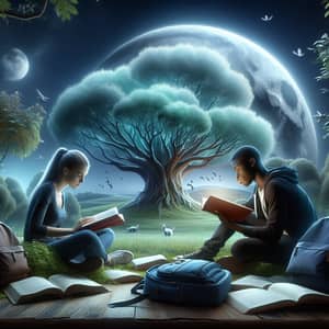 Serene Student Study Scene Under the Big Moon