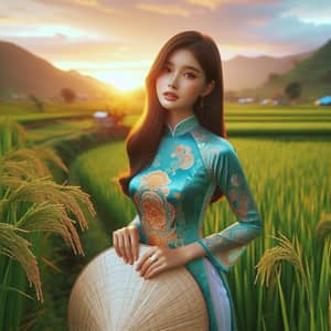 Vietnamese Girl in Turquoise Ao Dai Dress at Sunset in Rice Paddy