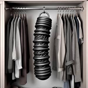Unique Black Tubular Item Hanging in Fitted Wardrobe | Brand Name