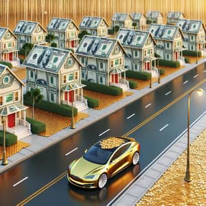 Suburban Street with Hundred-Dollar Bill Houses and Golden Tesla Car