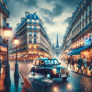 Vibrant Paris Street Scene with Iconic Taxis and Cafes