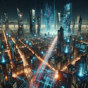 Futuristic Cyberpunk Cityscape: Neon Lights Night View