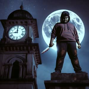 Brave Plus Size South Asian Boy on Clock Tower at Night