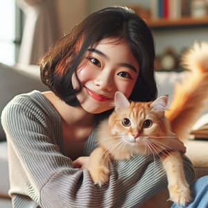 Joyful Girl Cuddling Orange Tabby Cat in Cozy Living Room