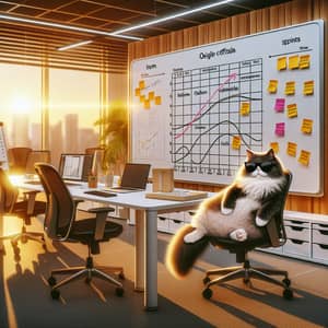 Agile Feline in Modern Office Environment | Fat Cat Navigating Agile Corporate World