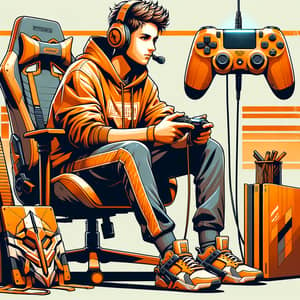 Orange-Themed Gamer Boy PNG | Gaming Console Focus