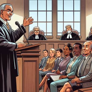 Humorous Legal Ethics Cartoon | Diverse Characters in a Courtroom