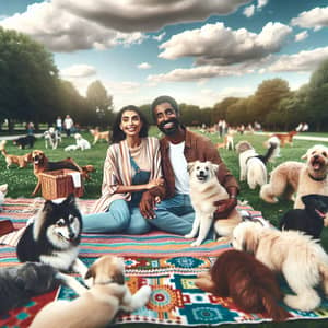 Colorful Picnic Blanket in Park with Various Dog Breeds