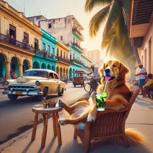 Golden Retriever Enjoying Virgin Mojito in Colonial Cuba