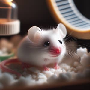 Fluffy White Mouse - Curious Tiny Creature in a Cozy Habitat